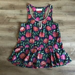 Abercrombie & Fitch Size S Y2K Tank Top Baby Doll Beaded Floral Black Red